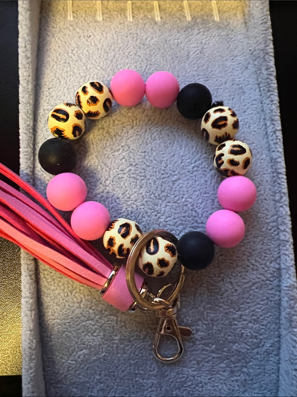 Pink Leopard Beaded Wristlet Keychain Bracelet